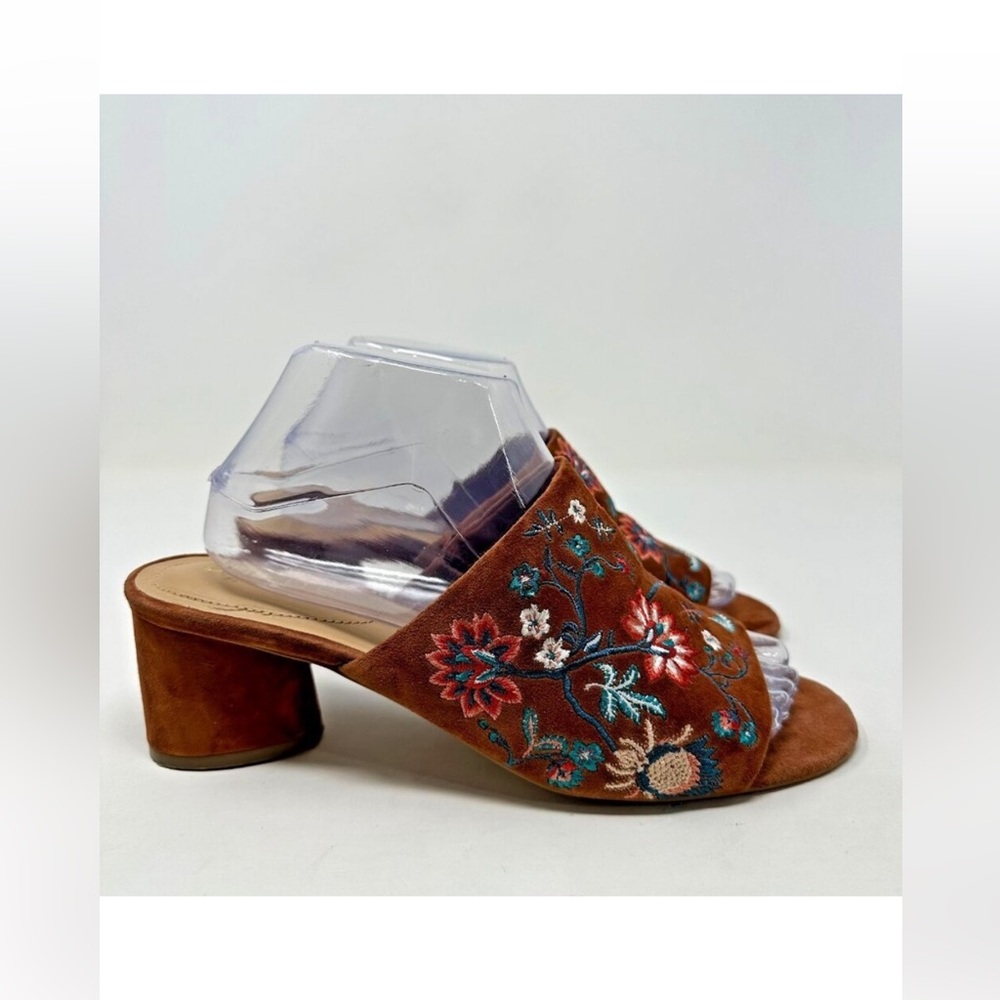 Chicos Heels Sandals Size 9 Brown Suede Floral Embroidered Wanda
